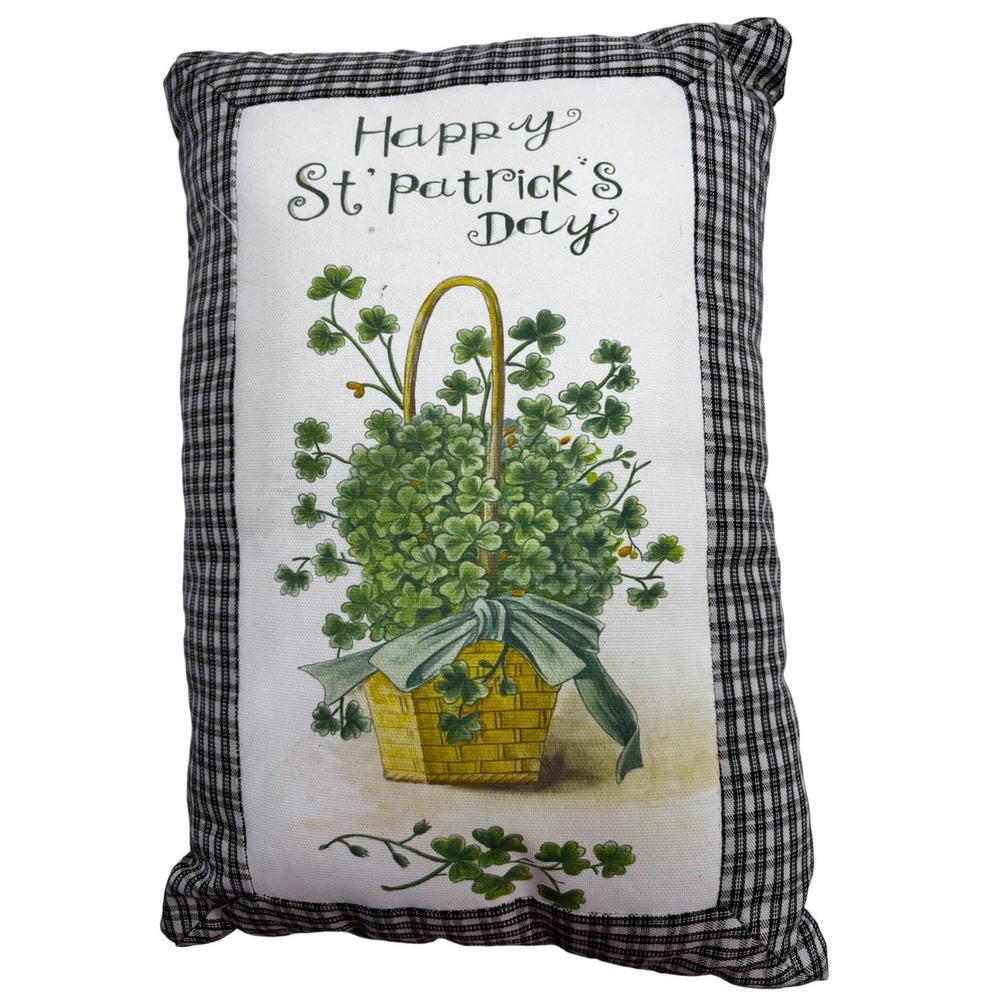Happy St Patricks Day Decor Pillow Shamrock Basket Gingham Check Green Black